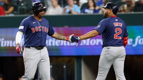 Boston Red Sox third baseman Rafael Devers and first baseman Dominic Smith