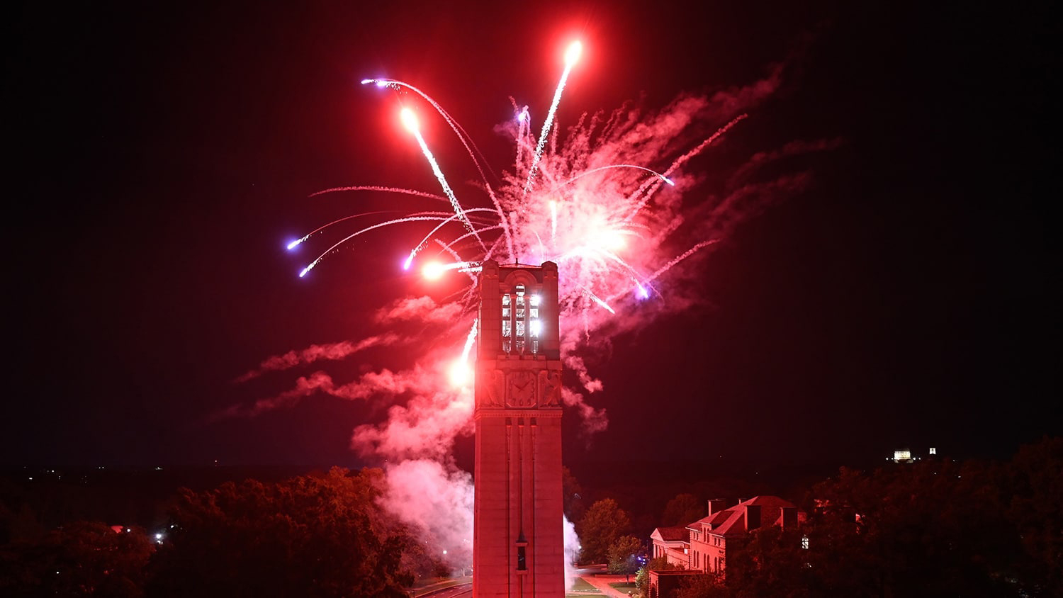 Fireworks behind the Memorial Belltower