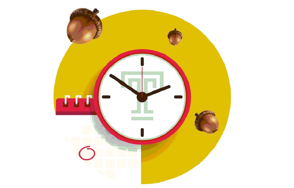 A clock with a Temple “T” on its face next to a calendar with floating acorns hovering above. 