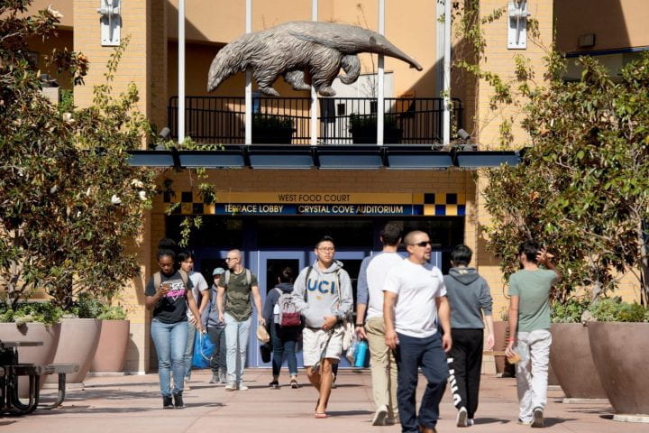 People walking in front of the UC Irvine Student Center.