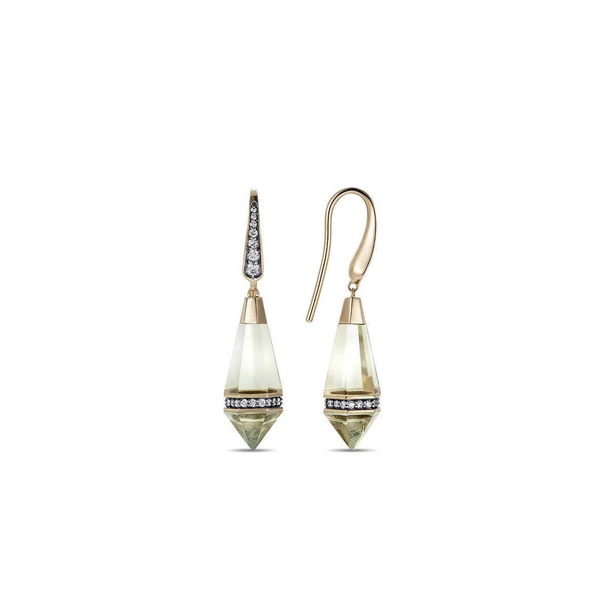 Noor Fares Grey Gold Hand Cut Green Amethyst Drop Earrings with Grey Diamond Pavé  Edit alt text