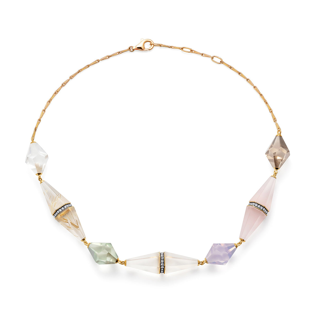 Noor Fares 18K Yellow Gold Rock Crystal, Rutilated Quartz, Blue Moon Quartz, Lavender Quartz, Rose Quartz, Smokey Quartz, and Green Amethyst with Grey Diamond Pavé