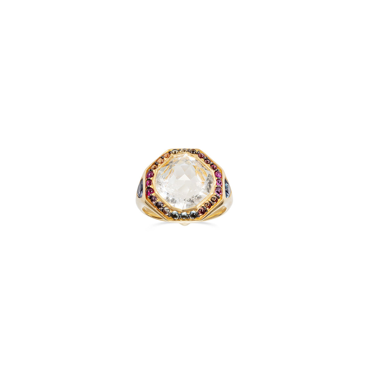 Noor Fares Octagonal Rock Crystal Ring with Coloured Sapphire Cabochon Pavé