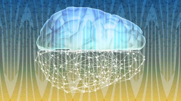 An illustration of a brain, where its bottom half is a series of interconnected dots.