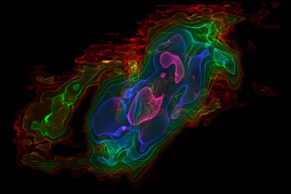 A visualization of cold carbon monoxide gas in the Sculptor Galaxy captured by the Atacama Large Millimeter/submillimeter Array (ALMA).