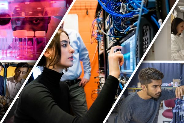 A collage of five images, each showing people working in different high tech labs.