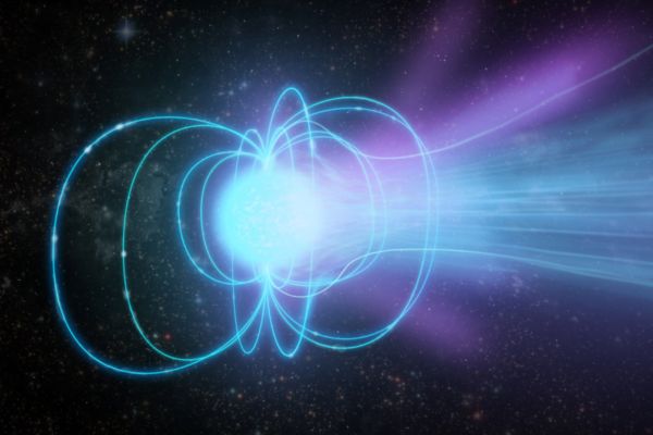 An artist's illustration of a magnetar, a highly magnetic neutron star, showing magnetic lines and spiraling wind vortex.