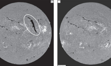 Pre-eruption (18:03 UT, September 29) and post-eruption (17:01 UT, September 30) Hα images of the large filament (encompassed by the white oval) that disappeared from the northwestern solar quadrant on 29 September 2013 (images from Big Bear Solar Observatory).