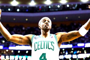 Jason Terry celebrates scoring for the Celtics