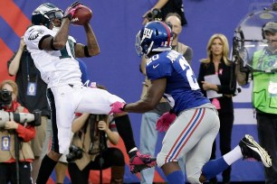 Eagles wide receiver DeSean Jackson catches a touchdown pass against the Giants.