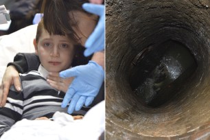 A 10-year-old boy is comforted by his mother after being rescued from a 15-foot-deep manhole, right.