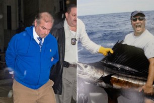 Retired cop Richard Cosentino being led to his arraignment on Tuesday (left). He posted the sport-fishing photo (right) on Facebook while he was "disabled."