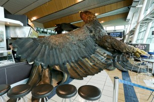 One of two giant eagle sculptures promoting "The Hobbit" movie trilogy lying on the ground after it fell in the wake of a 6.3 magnitude earthquake in Wellington, New Zealand.