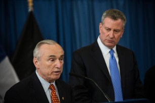 New York City Police Commissioner Bill Bratton and New York City Mayor Bill DeBlasio speak a press conference to announce the city will not appeal a judge's ruling that the police tactic "Stop-and-Frisk" is unconstitutional.