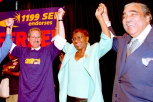 Charles Rangel (right) during an SEIU 1199 rally for Fernando Ferrer (left).