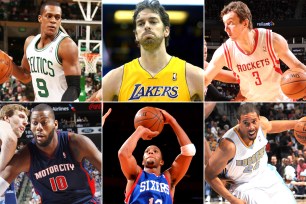 (Clockwise) Rajon Rondo, Pau Gasol, Omer Asik, Andre Miller, Evan Turner, Greg Monroe