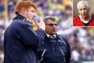 Mike McQueary talking to now-deceased Penn State coach Joe Paterno on the sidelines. Jerry Sandusy (inset)