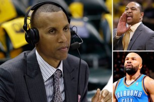 Reggie Miller, a longtime Knicks antagonist with the Indiana Pacers, weighed in on two of the team's coaching candidates: Mark Jackson (top right) and Derek Fisher (bottom right).