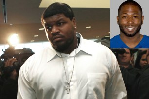 Former Cowboys tackle Josh Brent leaves court after a 2012 hearing. He was convicted of intoxication manslaughter in January for the crash that killed teammate Jerry Brown (inset).