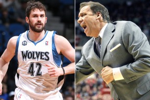 Flip Saunders (right) is moving back to the bench for the Timberwolves, whose best player, Kevin Love (left), may be on the way out of Minnesota.