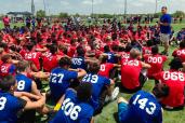 Donald Hooton Jr. addresses players at the USA Football regional football camp about the potential dangers of using performance-enhancing substances on April 27.