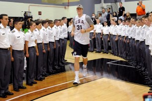 Mason Plumlee is introduced as the USA basketball team practiced at the West Point Military Academy.