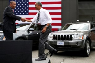 President Obama is welcomed by Transportation Secretary Anthony Foxx at the Federal Highway Administrations Turner-Fairbank Highway Research Center in July.