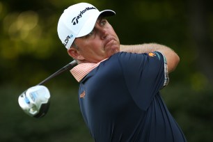 Bo Van Pelt plays his shot from the 17th tee during the first round of The Barclays at The Ridgewood Country Club on August 21.