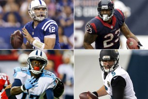 Clockwise from top left: Colts quarterback Andrew Luck, Texans running back Arian Foster, Jaguars (backup) quarterback Blake Bortles, Titans receiver Kendall Wright