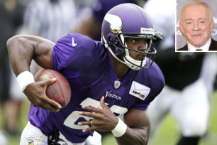 Minnesota Vikings running back and Dallas Cowboys owner Jerry Jones (inset) reportedly had a conversation in June about Peterson's future.