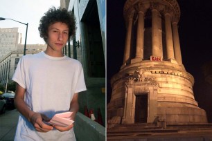 17-year-old Mike Kushnir and a 15-year-old girl were caught tagging the centograph on Riverside Drive and West 89th Street early Saturday morning.