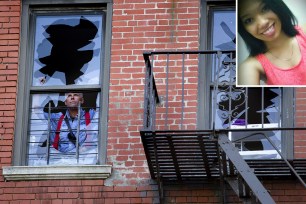 A member of the FDNY looks out a broken window at the scene of the multi-alarm fire in Hamilton Heights that killed Melisa Mendez (inset).