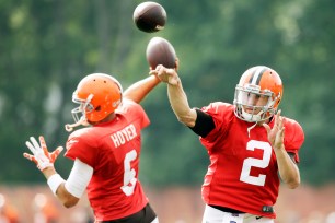 Brian Hoyer and Johnny Manziel at Browns practice.