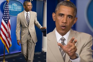 Obama branched out from his usual black and blue attire today at a White House press conference.