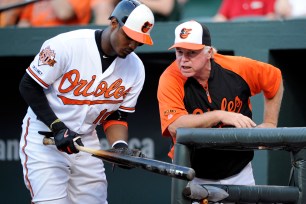 Orioles manager Buck Showalter gives direction to Adam Jones.