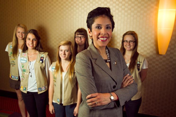 Girl Scouts of the USA CEO Anna Maria Chavez stands with members of Girl Scout Troop 1774.