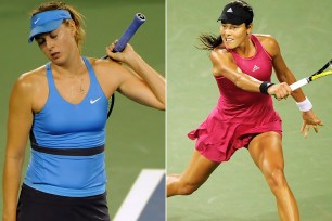 Maria Sharapova and Ana Ivanovic during their match on Saturday night.