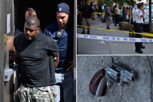 A man accused of opening fire on a Downtown Brooklyn street Wednesday is escorted from the 84th precinct (left). He was reportedly tackled and detained by a Good Samaritan until police arrived.