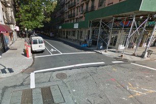 A 35-year-old woman was robbed at knife-point near this corner in the East Village early on Monday morning.