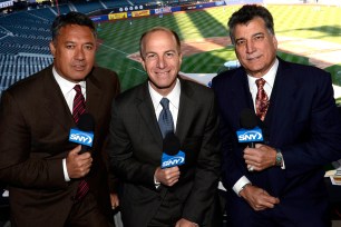 Ron Darling, Gary Cohen and Keith Hernandez in the SNY booth.