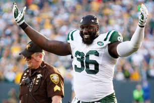 Muhammad Wilkerson reacts after getting ejected from the Jets' loss against the Packers.