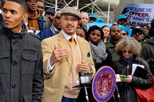 Activist Kirsten John Foy speaks at a rally with City Council members Ritchie Torres and Antonio Reynoso on thursday at City Hall.