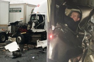 Kaleb Whitby was pinned in his Chevy Silverado between two semi trucks.