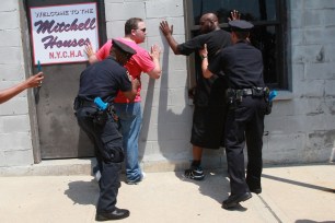 Officers practice their stop-and-frisk procedure at a training facility in the Bronx.