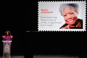 Oprah speaks at the Maya Angelou Forever Stamp Dedication.