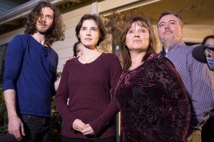 Amanda Knox with her fiance Colin Sutherland (left), mother Edda Mellas and stepfather Chris Mellas.