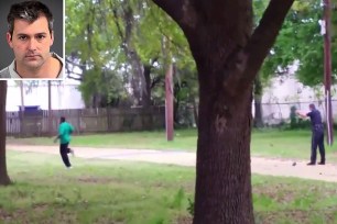 North Charleston police officer Michael Slager (R) is seen allegedly shooting 50-year-old Walter Scott in the back as he runs away, in this still image from video in North Charleston, South Carolina taken April 4, 2015.