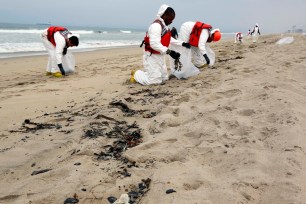 A cleanup crew collects balls of tar that washed ashore in Manhattan Beach, Calif. on May 28.