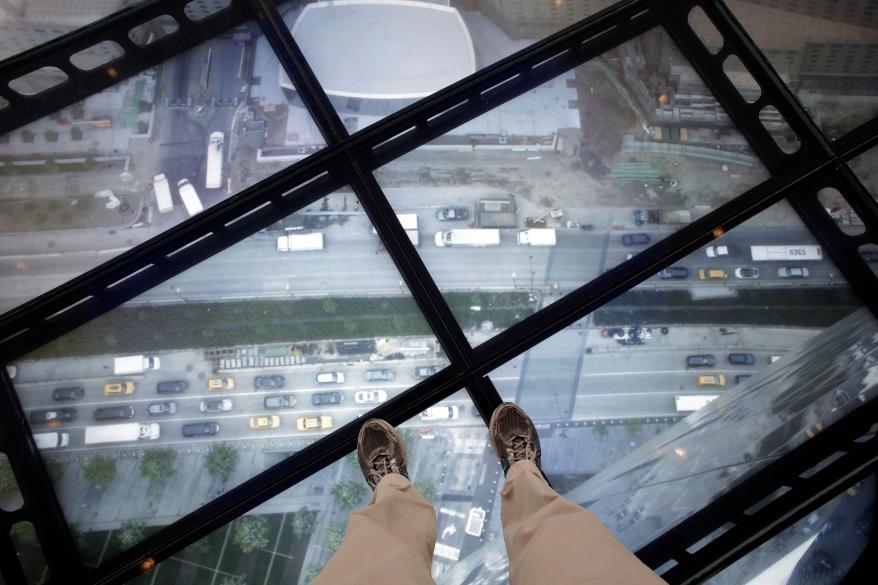 A view through the Sky Portal shows a live video view of the streets below from One World Observatory on May 20.