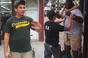 Daniel Pantaleo (left) and Eric Garner during his arrest in July.
